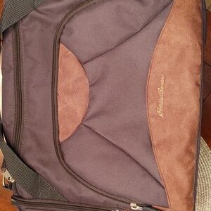 Eddie Bauer baby bag. Navy blue canvas with brown suede trim.